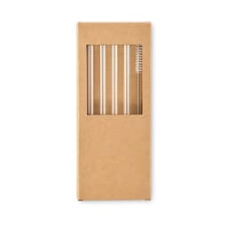 A set of glass drink straws in a cardboard box, featuring a cleaning brush and multiple straws.