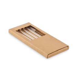 A set of clear glass straws enclosed in a brown cardboard packaging with a window. The packaging has a logo.