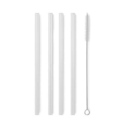 A set of four clear drinking straws and a cleaning brush, all in white.