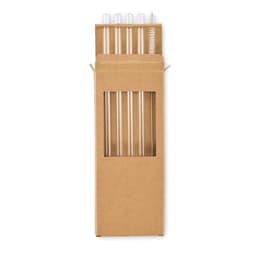 A cardboard box containing multiple glass straws and a cleaning brush, with a clear window on the front.
