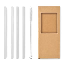 A set of four clear drink straws and a cleaning brush, packaged in a brown cardboard box with a window.