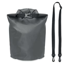 A grey waterproof bag with a roll-top closure and a detachable black strap. Includes a branding logo.