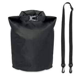 A black waterproof bag with a roll-top closure and an adjustable strap. It features a logo on the front.