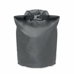 A grey waterproof bag with a roll-top closure and a buckle strap. It has a textured surface and a logo.