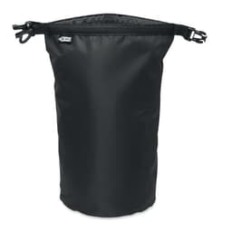 A black drawstring bag with a smooth texture and a branded logo at the top.