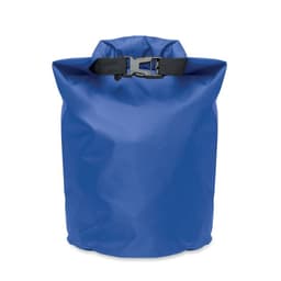 A blue waterproof bag with a roll-top closure and adjustable strap. It has a logo on the front.