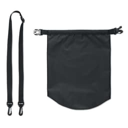 A black promotional bag with adjustable straps, featuring a secure closure at the top and a durable design.