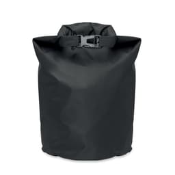 A black waterproof bag with a roll-top closure and buckle fastening, featuring a textured surface.