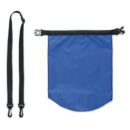 A blue bag with a black strap and clip, featuring a roll-top closure and smooth, waterproof material.