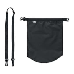 A black pouch with a drawstring closure and an adjustable strap, featuring a small logo.