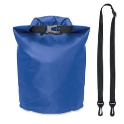 A blue waterproof bag with a roll-top design and black adjustable straps. It features a clip closure and a textured surface.