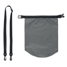 A grey waterproof pouch with adjustable straps and a closure at the top, featuring a logo.