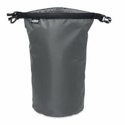 A grey waterproof dry bag with a drawstring closure and adjustable straps, featuring a logo.
