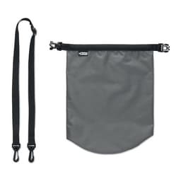 A grey, waterproof bag with a drawstring closure and adjustable black straps. It features a logo on the side.