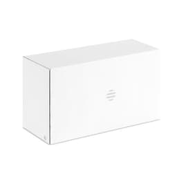 A plain white box featuring a circular logo design on the front. The box is rectangular and has no visible text.