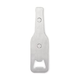 A bottle opener with a sleek stainless steel finish, featuring a simple design and integrated bottle cap remover.