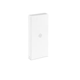 A rectangular white product package featuring a simple logo design on the front.