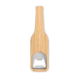A drink bottle opener shaped like a beer bottle, made of bamboo with a stainless steel opener.