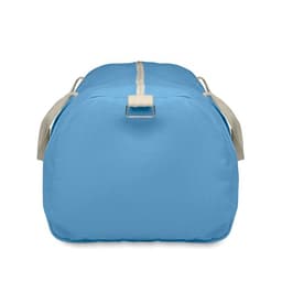 A blue duffel bag with a zip closure and two cream handles. It has a simple, rounded design.