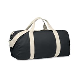 A duffel bag in black with cream coloured handles and a detachable shoulder strap. It features a zip closure.