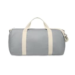 A grey duffel bag with cream straps featuring a zipper and a sturdy handle.