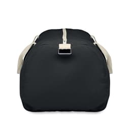 A black bag with beige straps and a zippered closure, featuring a simple and sleek design.