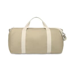A duffle bag in a light beige colour with cream-coloured straps. It features a zipper and a logo.