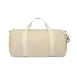 A duffel bag in a light beige colour with two sturdy handles and a shoulder strap. It has a zipper closure and features branding.