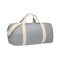 A grey duffel bag with light cream handles and a shoulder strap, featuring a zip closure.