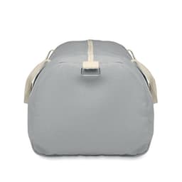 A duffel bag in grey with cream straps and a zippered opening, featuring a simple design.