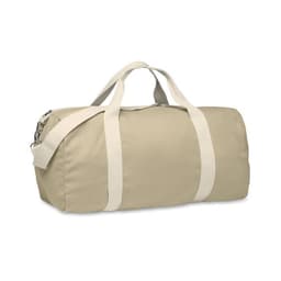 A beige duffle bag with white handles and a detachable shoulder strap, featuring a zipper closure.