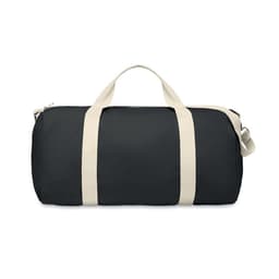 A duffle bag in black with cream straps, featuring a simple design and top handles for easy carrying.