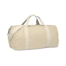 A beige duffel bag with dual handles and a removable shoulder strap. It has a zippered closure and a simple design.