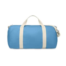 A duffel bag in bright blue with cream-coloured straps and a zip closure. It features a logo on one side.