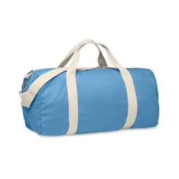 A blue duffel bag with cream handles and a shoulder strap. The bag features a zipper closure.