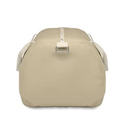 A beige duffel bag with a zip closure and two carrying handles. It has a smooth, structured shape.