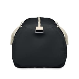 A travel bag in black with cream handles and a zipper closure, featuring a simple design and sturdy construction.