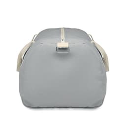 A grey duffle bag with a top zipper and beige handles. It features a minimalist design without visible logos.