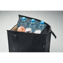 A black cooler bag containing three water bottles, a can, and an apple visible through a mesh top.