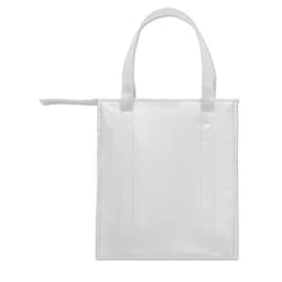 A tote bag in white with two handle straps, featuring a simple, unadorned design.