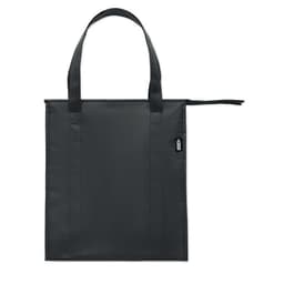 A tote bag in black with two sturdy handles and a side pocket. It features a simple and sleek design.