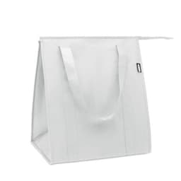 A reusable white tote bag with sturdy handles and a square base, featuring a small branding logo.