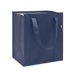 A navy blue insulated tote bag with sturdy handles and a rectangular shape. It features a logo.