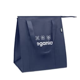 A navy blue reusable shopping bag with two sturdy handles and a logo on the front.