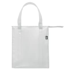 A transparent, white tote bag with two handles and a small zipper closure on the side.