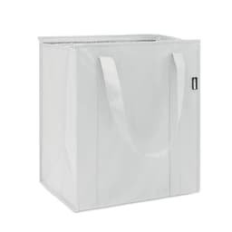 A square, insulated tote bag in white with two sturdy handles and a label.