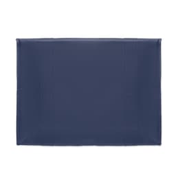 A navy blue tablet sleeve with a padded exterior and visible seams, featuring a logo on one side.