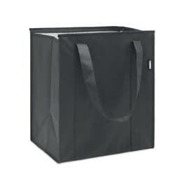 A reusable black insulated shopping bag with two sturdy handles. It has a rectangular shape and is made of durable material.