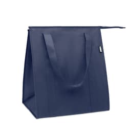 A reusable tote bag in navy blue with sturdy handles and a spacious design. The bag features a simple branding logo.