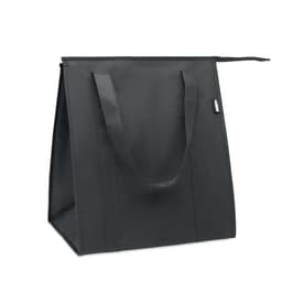A tote bag in black with sturdy handles and a spacious, structured design. Features a logo on the side.